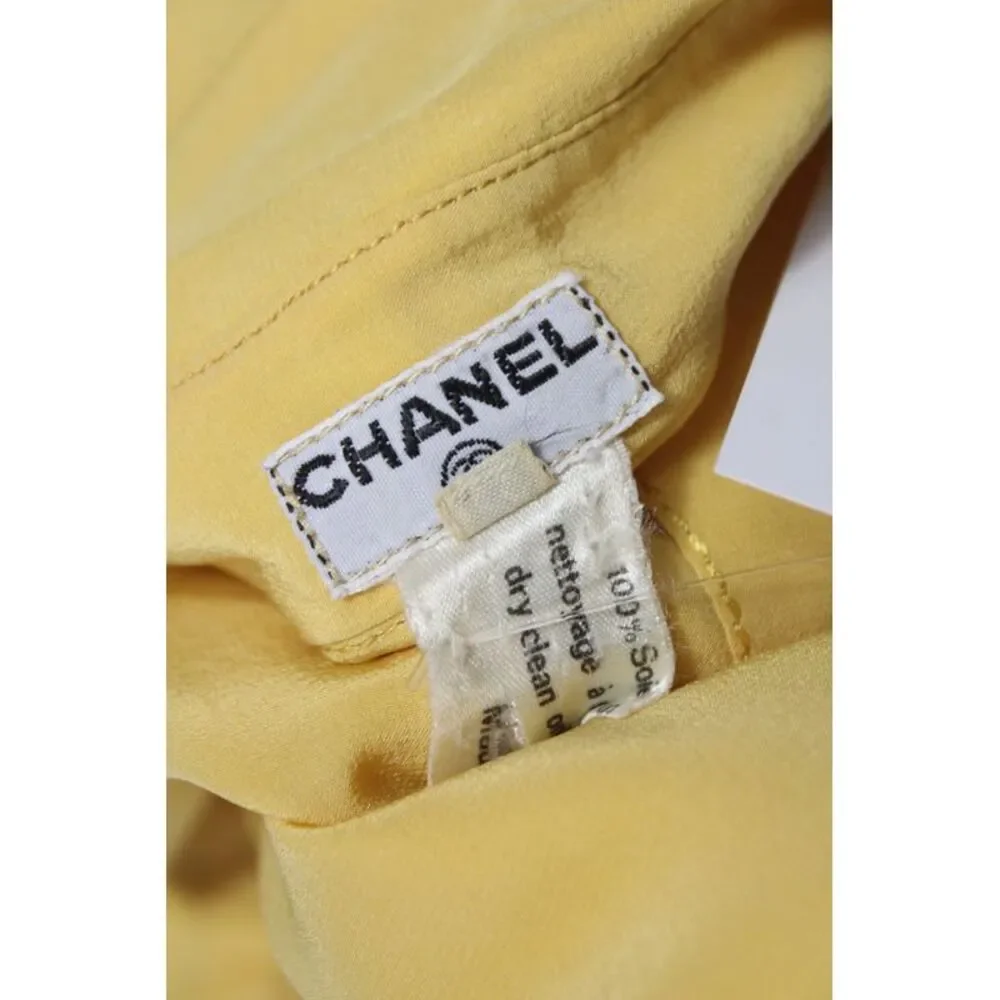 Chanel Women Yellow Silk Collared Long Sleeve Basic Blouse Size 38